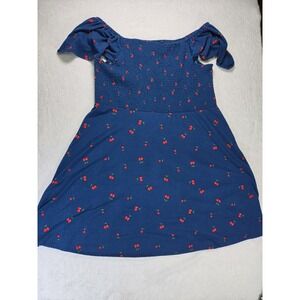 Womens 3X Cherry Print Smocked Dress Navy Blue Cottagecore Babydoll Plus Size